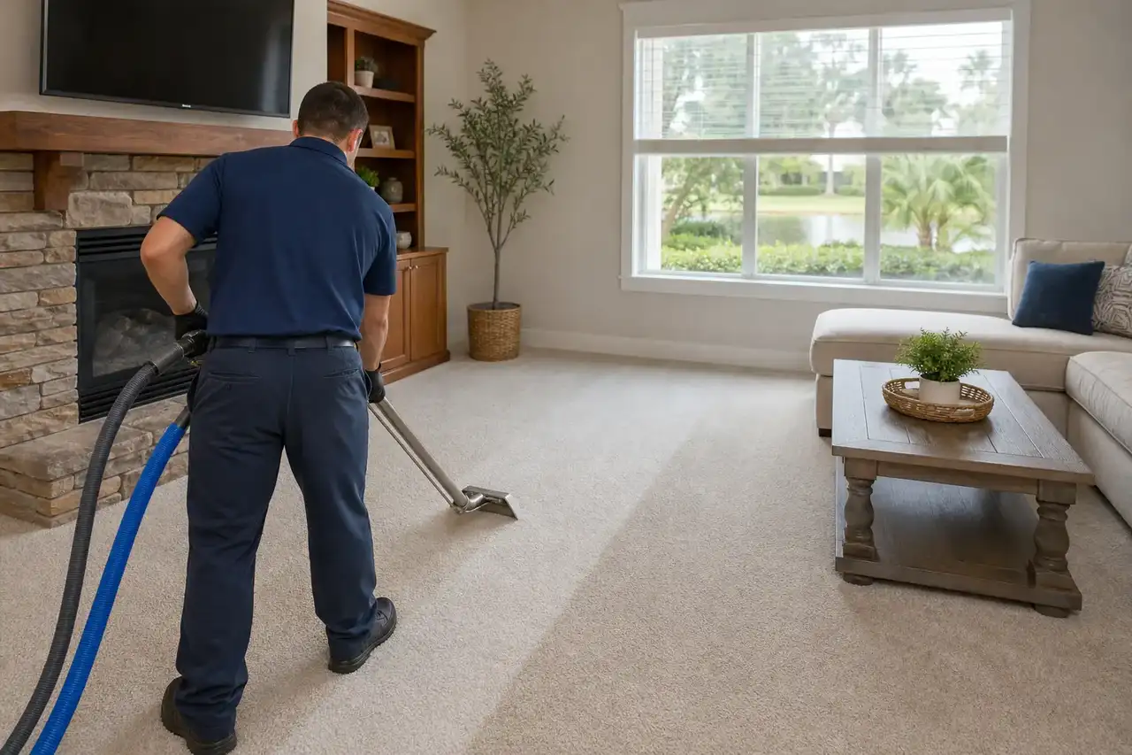 A carpet cleaning professional using an extraction wand in a bright Lakeland home